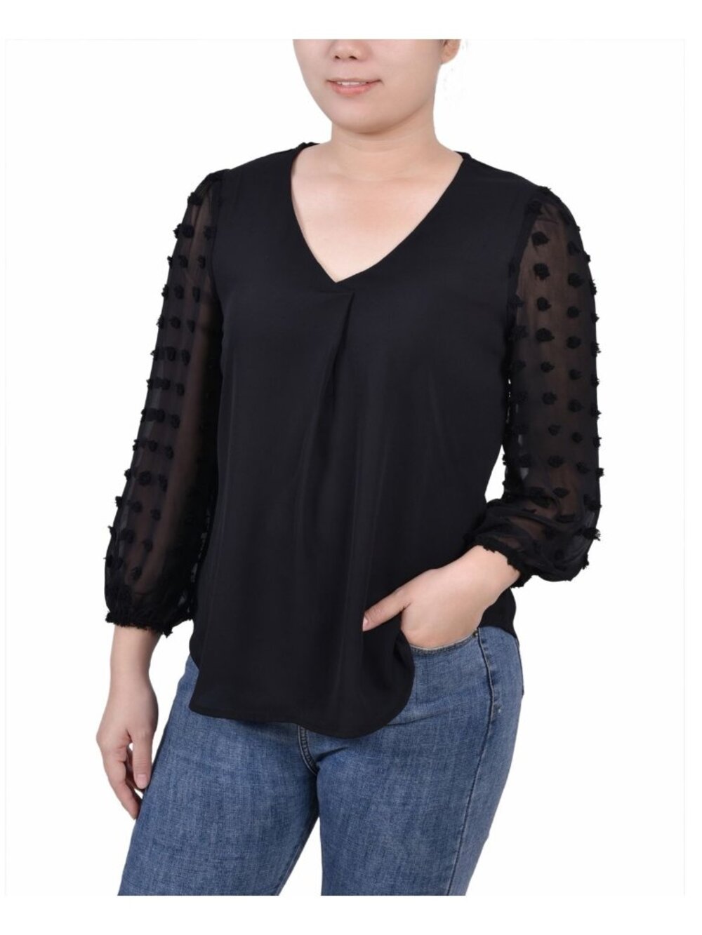 NY Collection Womens V Neck Chiffon Tunic Blouse Petite Black Size PS NWT